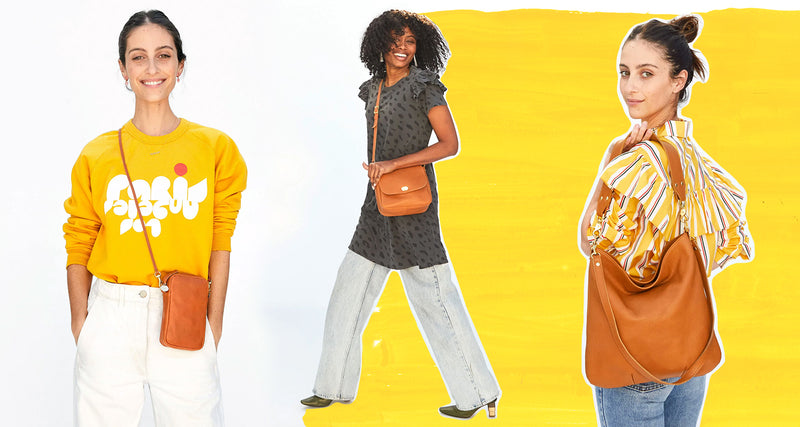 Models wearing Clare V. Sweatshirt, Dress, Blouse, and carrying the Poche, Turnlock Louis and Tan Veronique. 