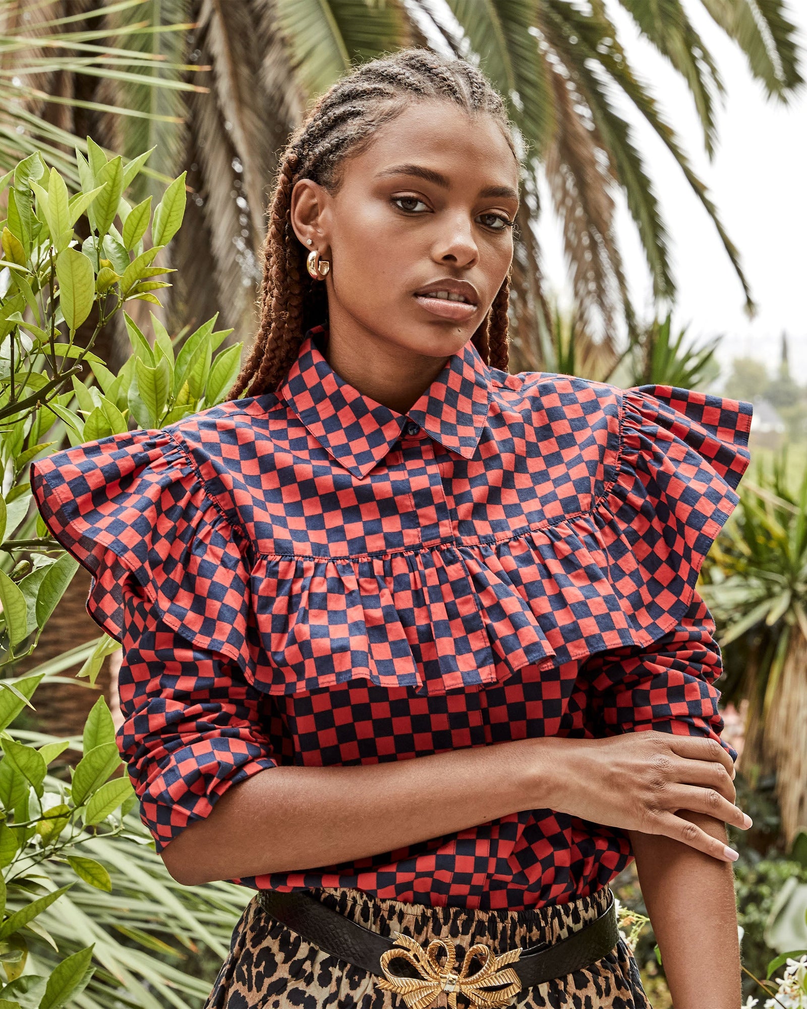 Close Up of Bree Wearing the Navy & Red Checker Charlotte Blouse
