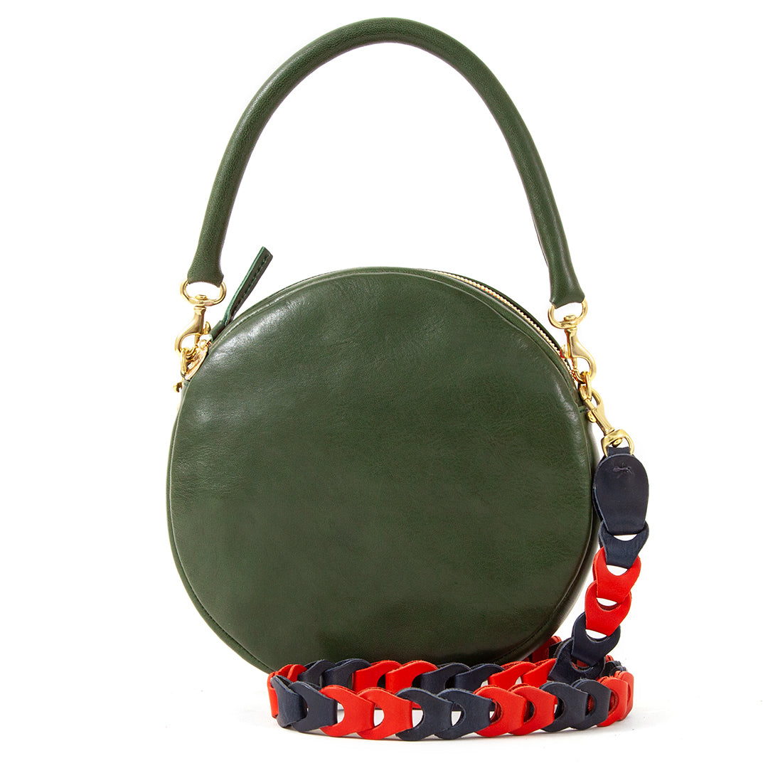 Loden Circle Clutch with Navy & Red Crossbody Link Strap