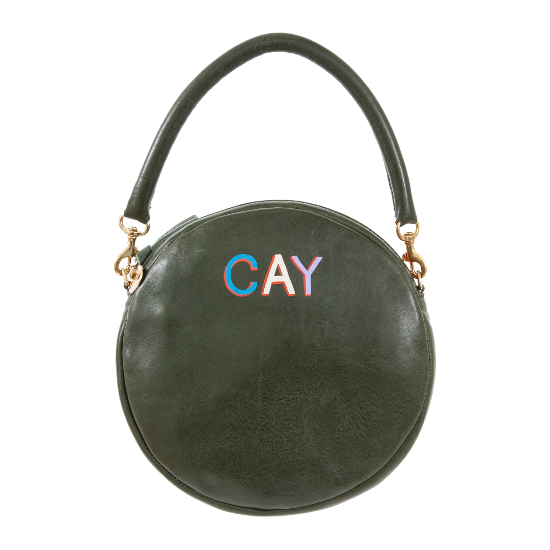 Loden Circle Clutch with Hand-Painted Monogram