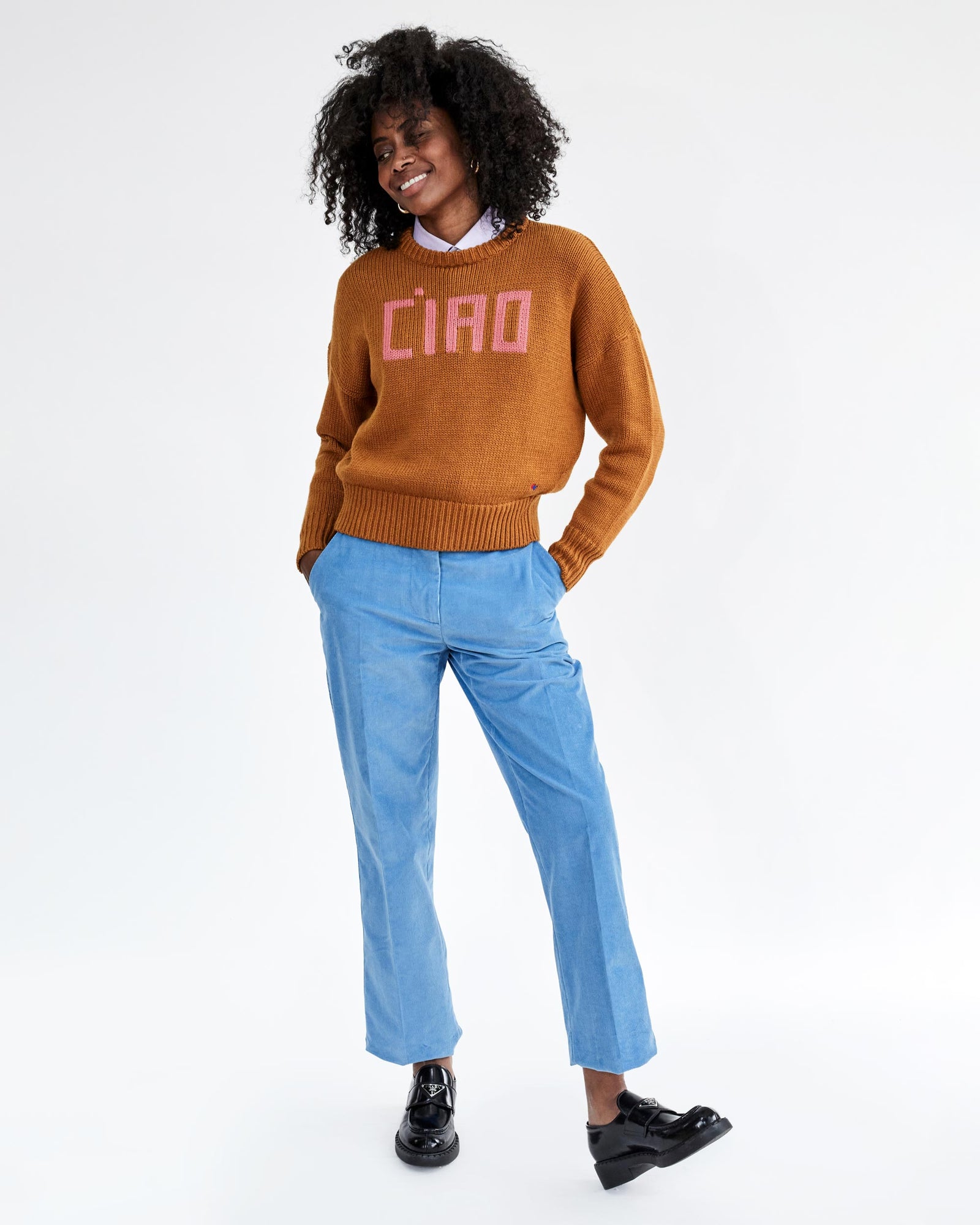 Mecca Wearing the Gingernut w/ Petal Ciao Drop Shoulder Sweater  with her Hands in her Pockets