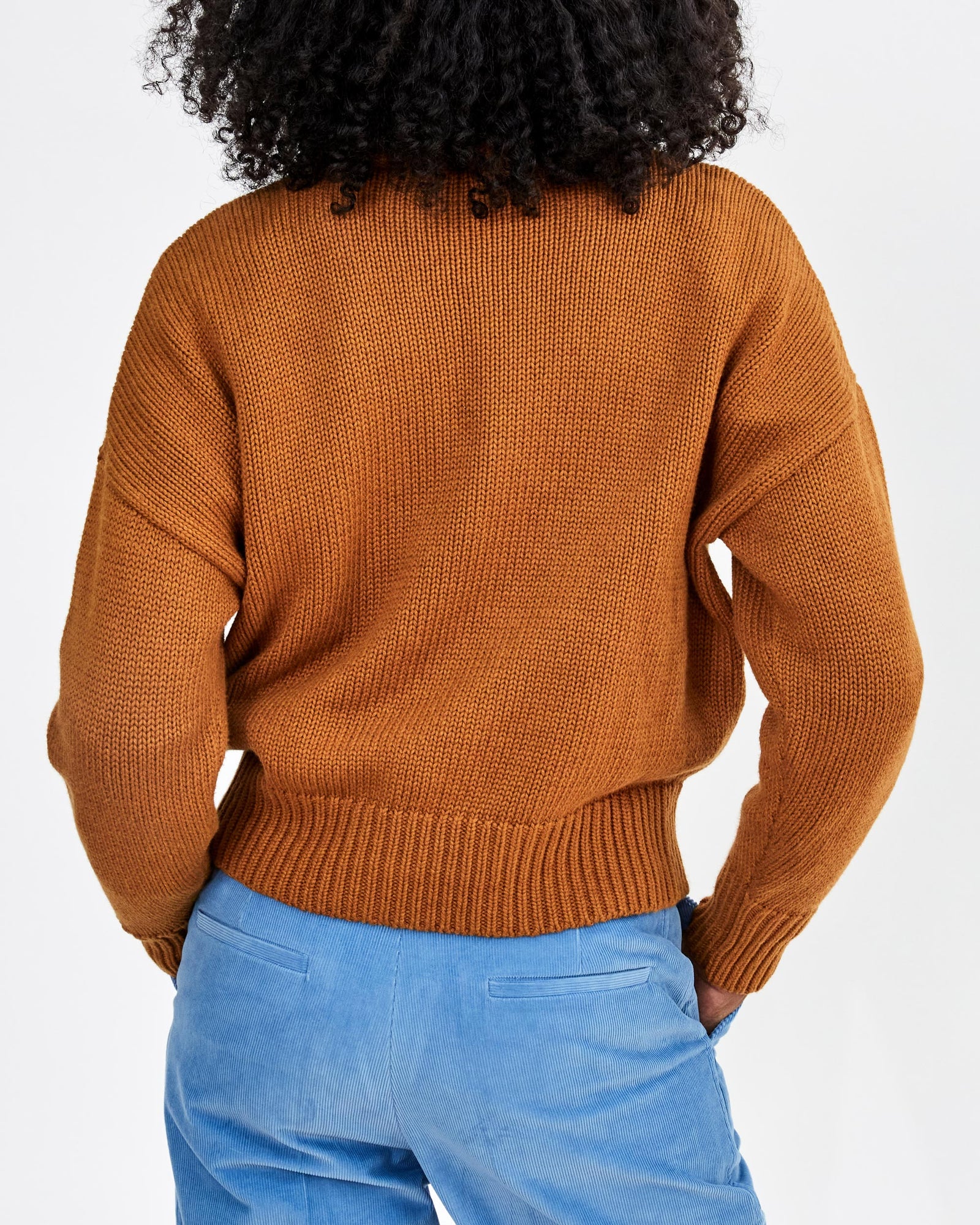 Back View of Mecca in the Gingernut w/ Petal Ciao Drop Shoulder Sweater 
