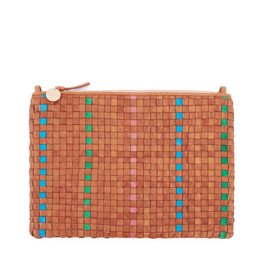 Natural with Parrot Green, Pale Pink and Cerulean Woven Striped Checker Flat Clutch with Tabs - Front