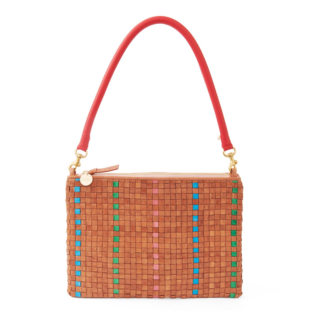 Natural with Parrot Green, Pale Pink and Cerulean Woven Striped Checker Flat Clutch with Tabs with Red Tubular Shoulder Strap