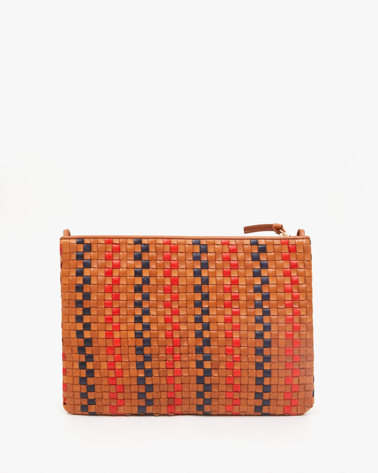 Natural with Navy & Red Pinstripe Woven Checker Flat Clutch w/ Tabs - Back Flat