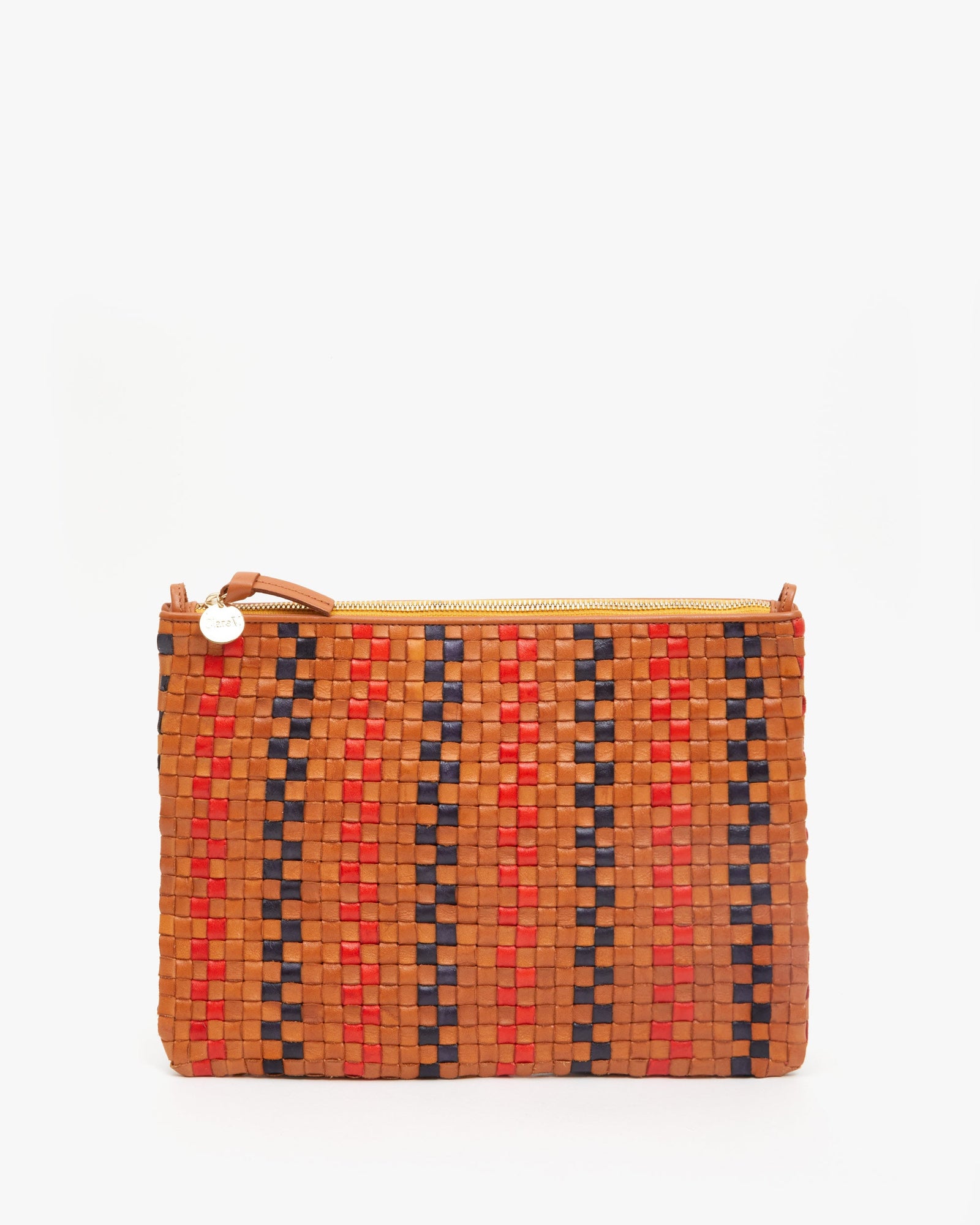 Natural with Navy & Red Pinstripe Woven Checker Flat Clutch w/ Tabs