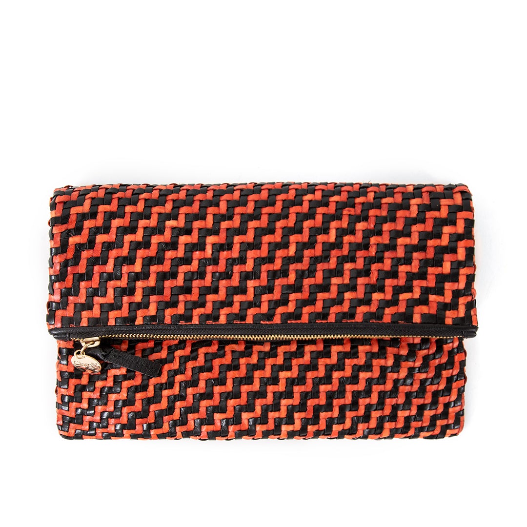 Black and Red Woven Zig Zag Foldover Clutch - Front