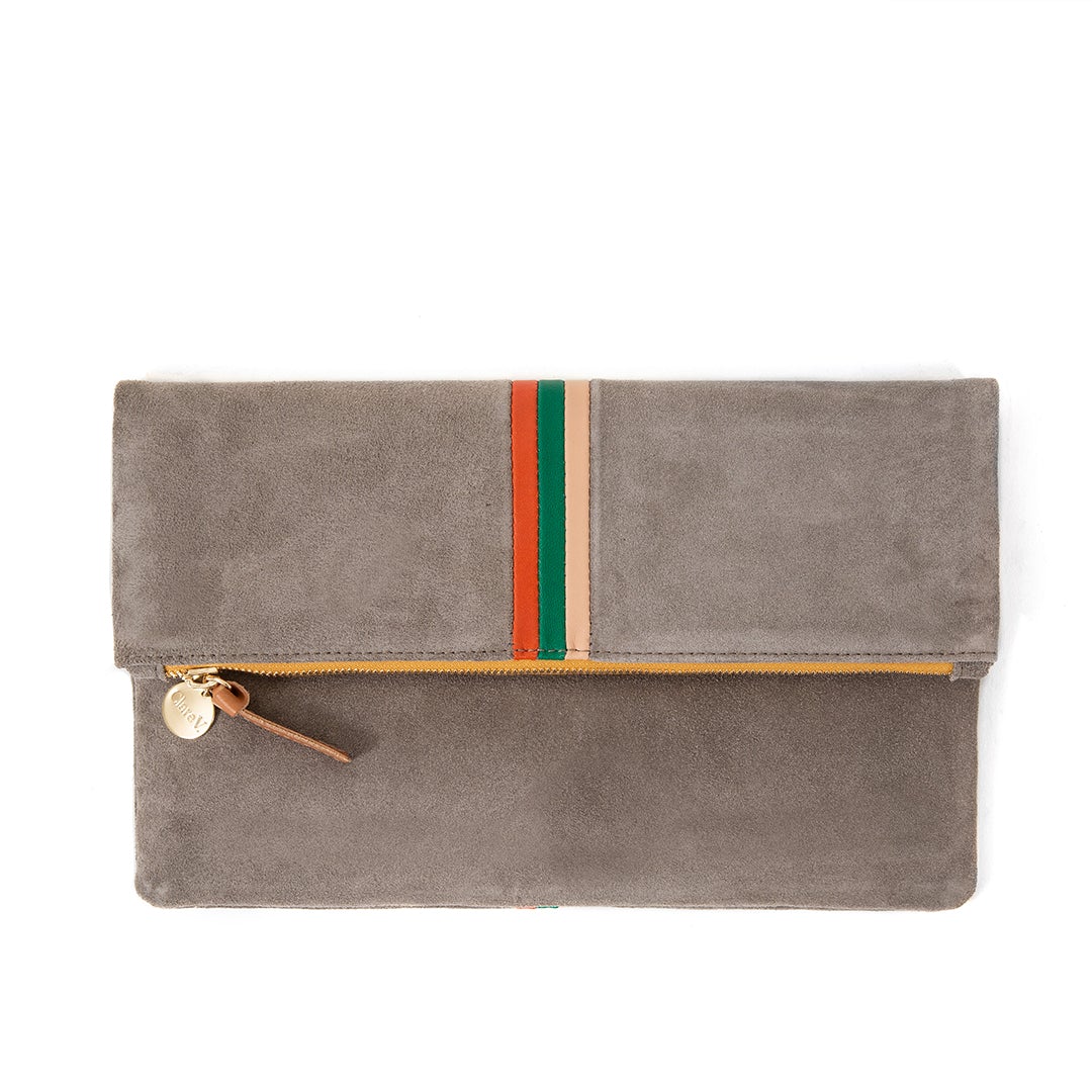 Grey with Stripes Foldover Clutch - Front