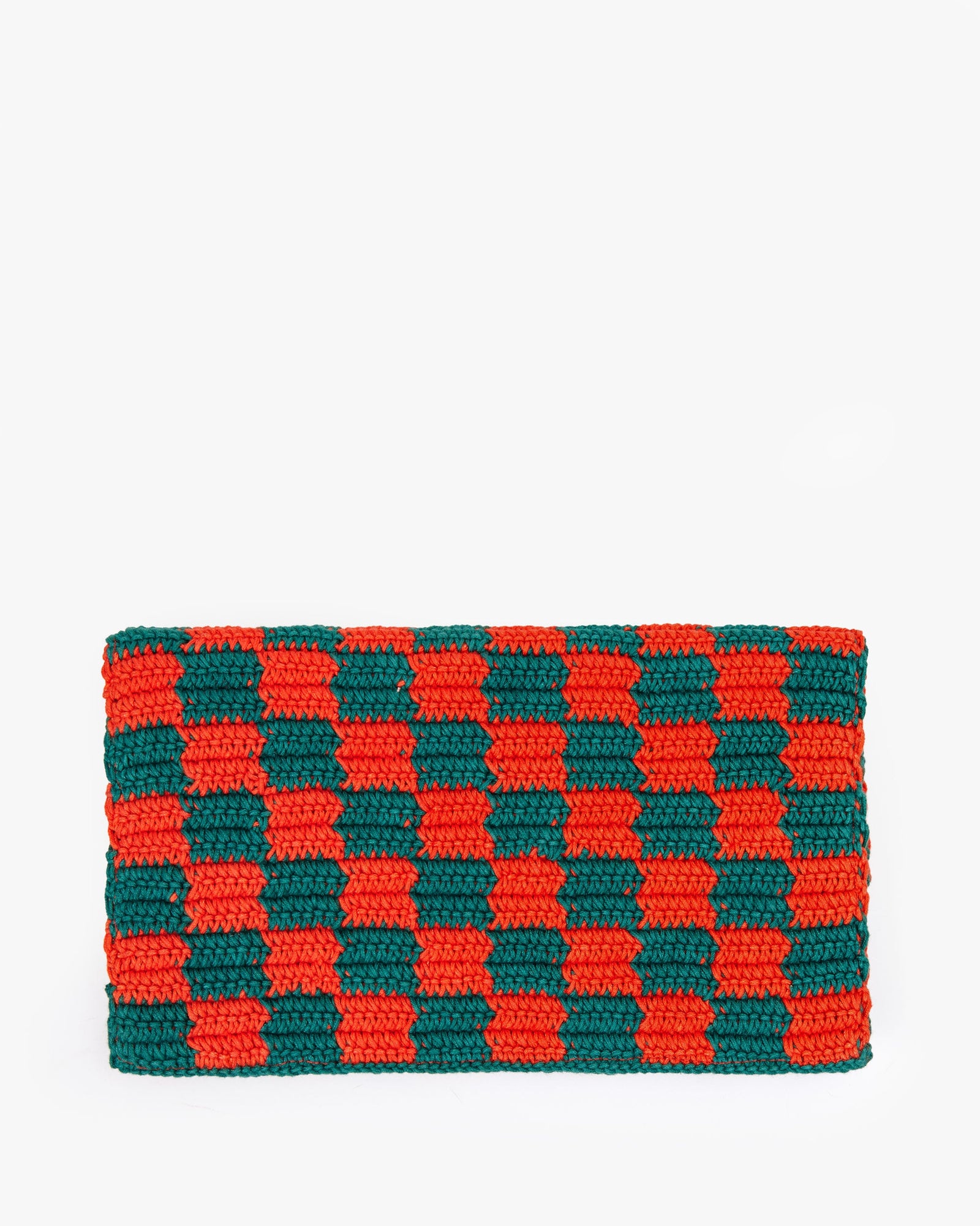 back image of the Blood Orange and Deep Sea Crochet Checker Foldover Clutch w/ Tabs