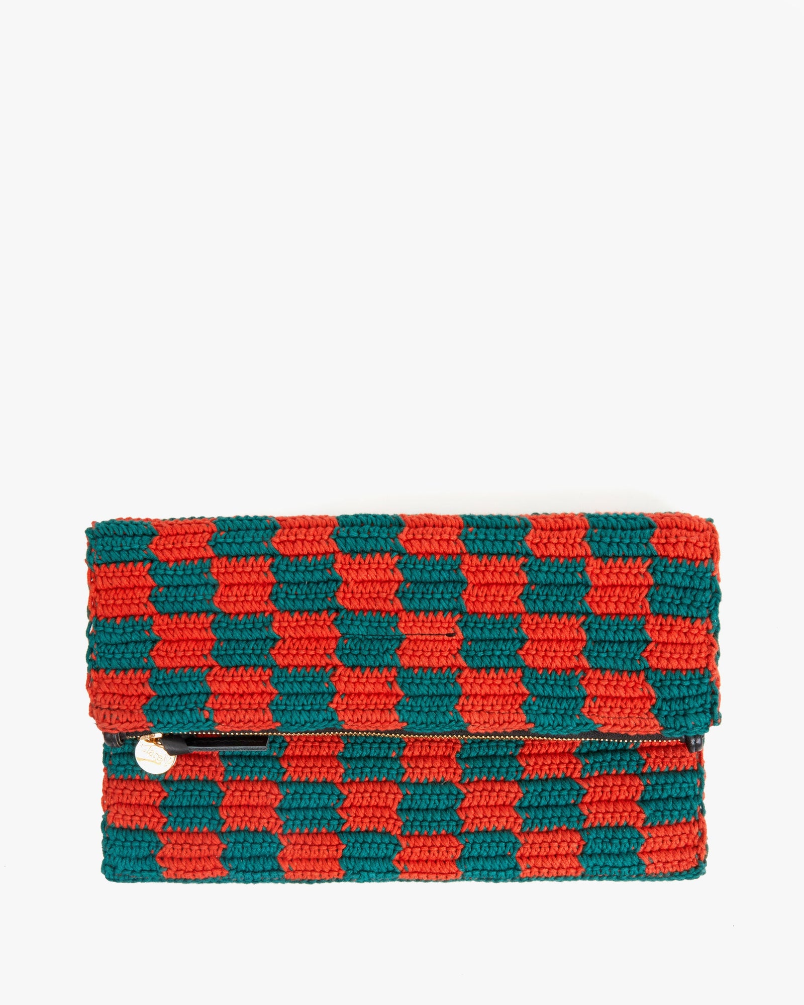 front image of the Blood Orange and Deep Sea Crochet Checker Foldover Clutch w/ Tabs