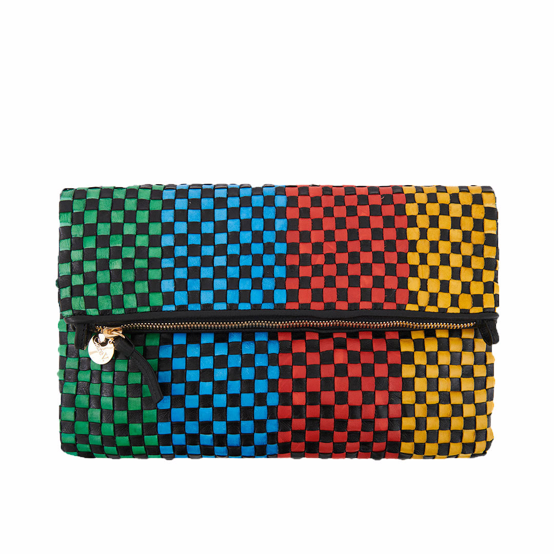 Black with Parrot Green, Sky Blue, Poppy and Yellow Woven Checker Foldover Clutch with Tabs
