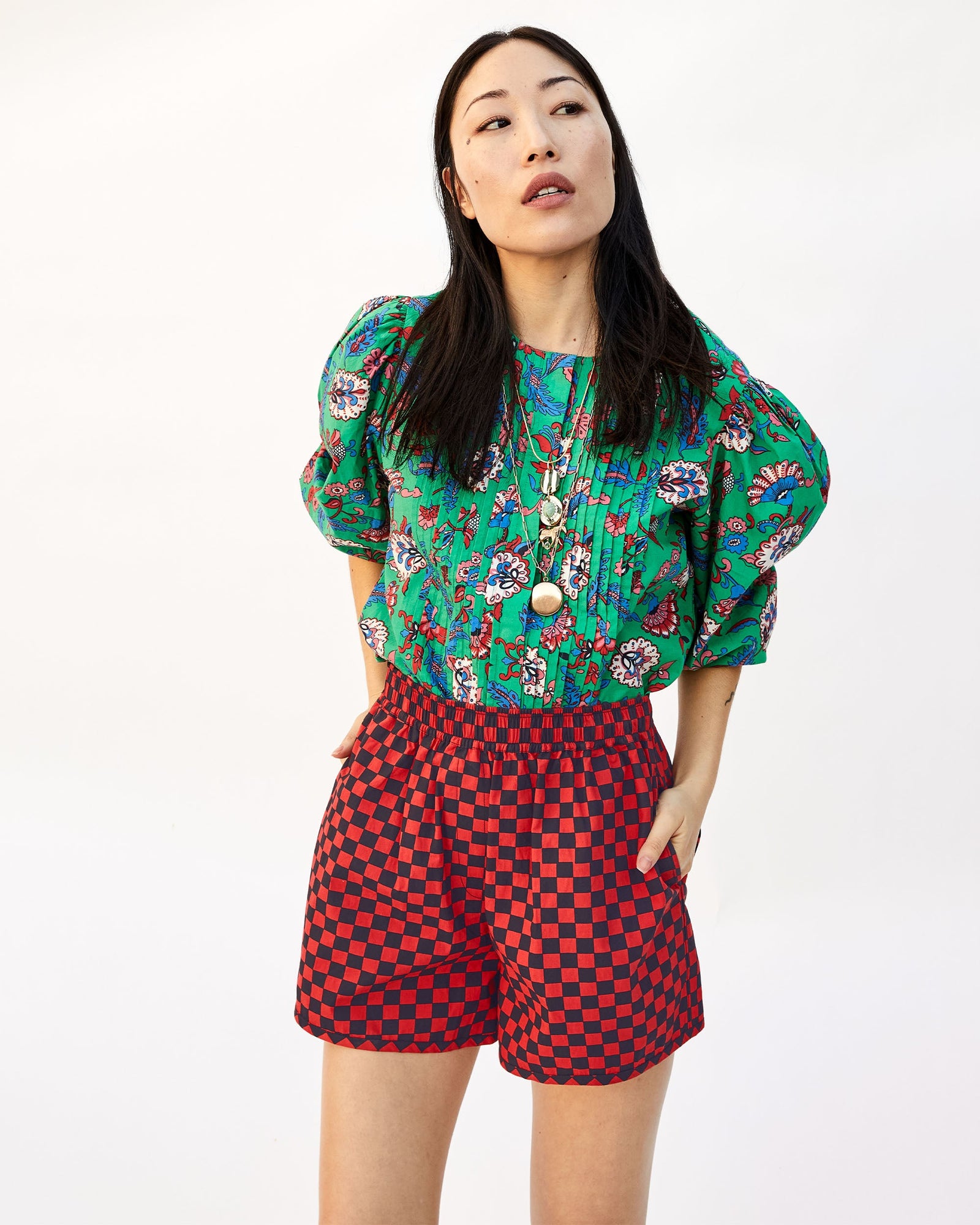 Ami wearing our Green Francoise Blouse