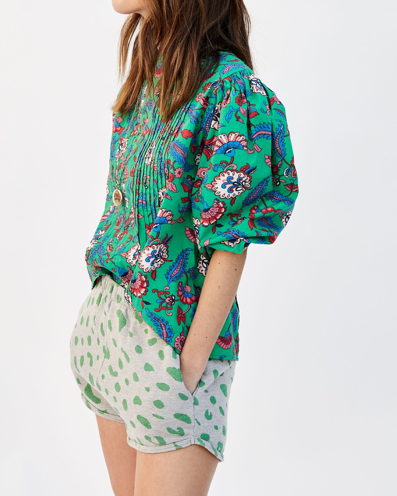 Frannie wearing our Green Francoise Blouse and Jaguar Printed Sweatshorts
