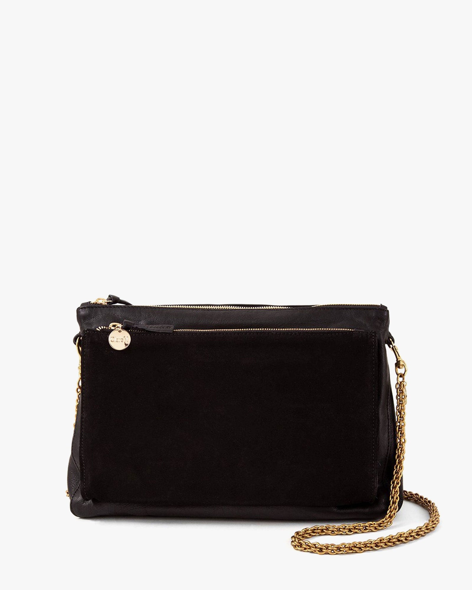 Black Gosee Clutch with Brass Thick Chain Strap Attached To It