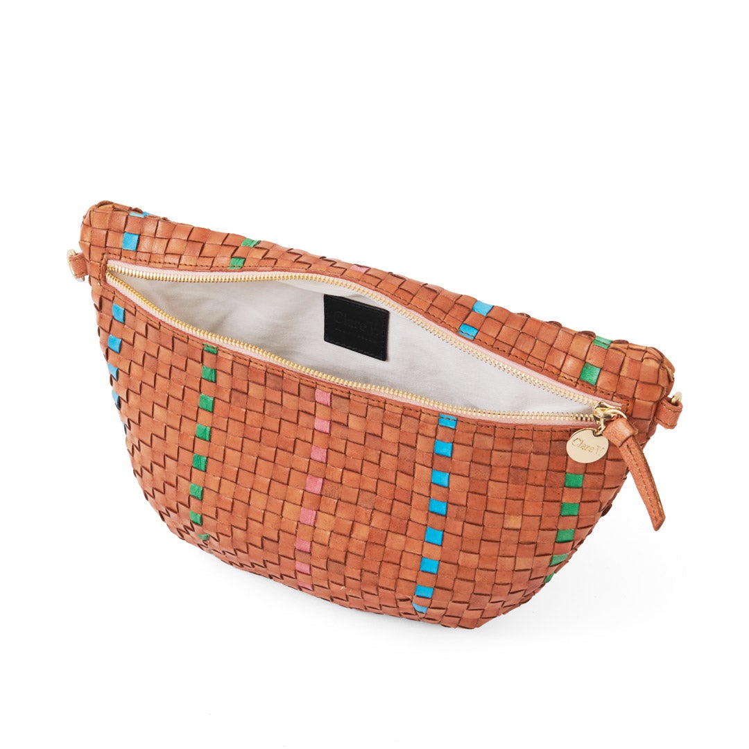 Natural with Parrot Green, Pale Pink and Cerulean Woven Striped Checker Grande Fanny - Interior