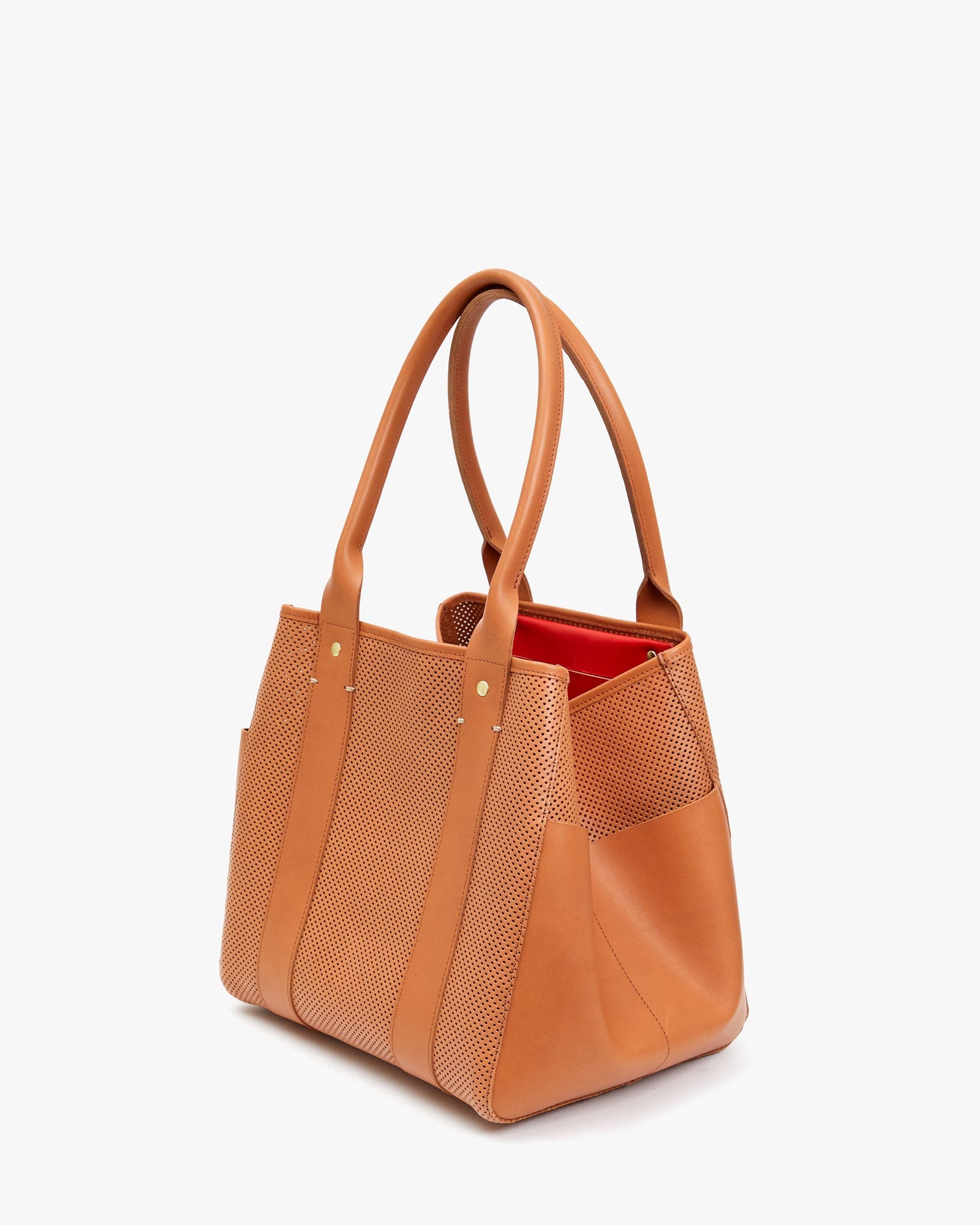 Cuoio Perf Le Box Tote with sides collapsed