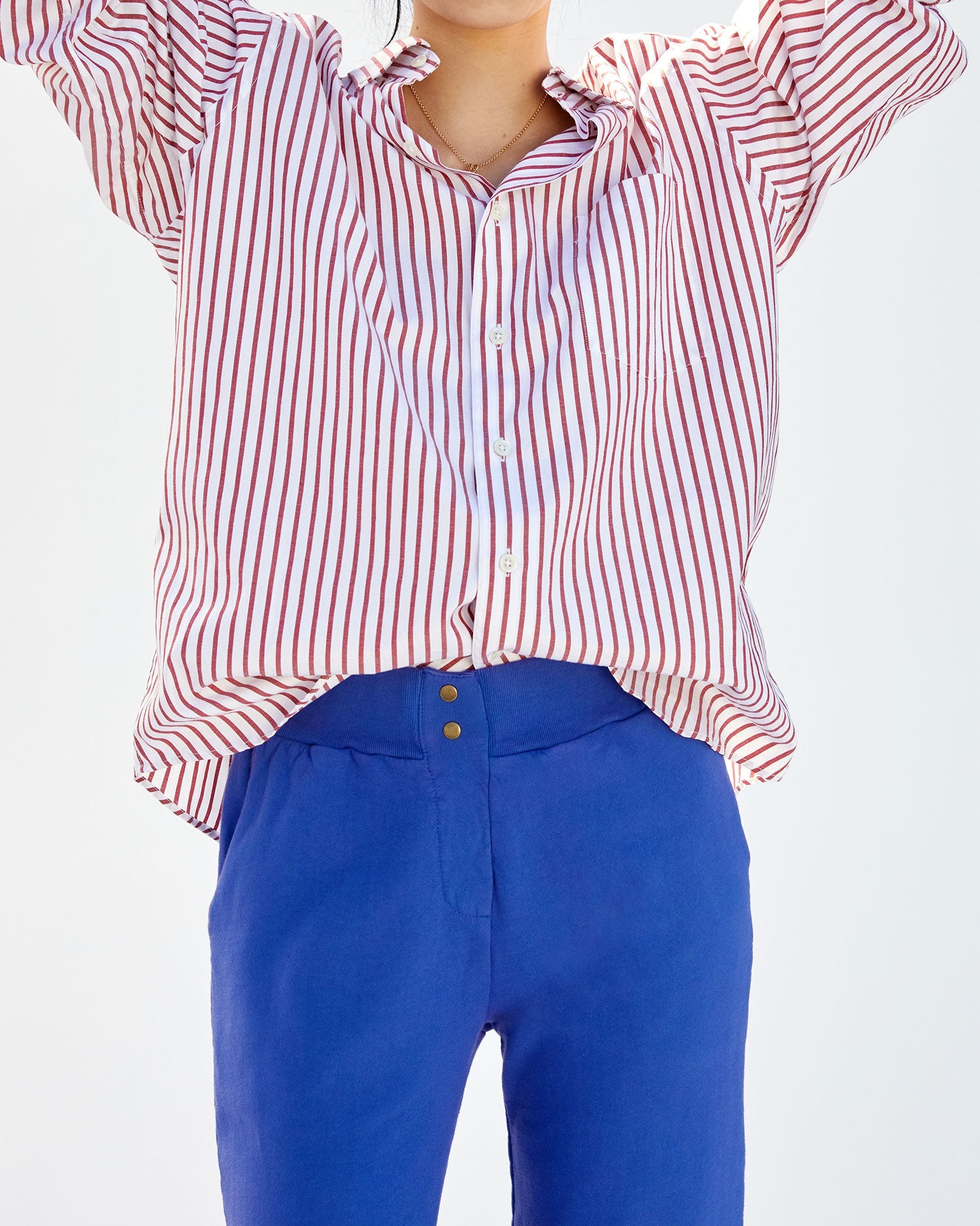 aurelia in the Cobalt Le Snap Pants with a striped button down front tucked in