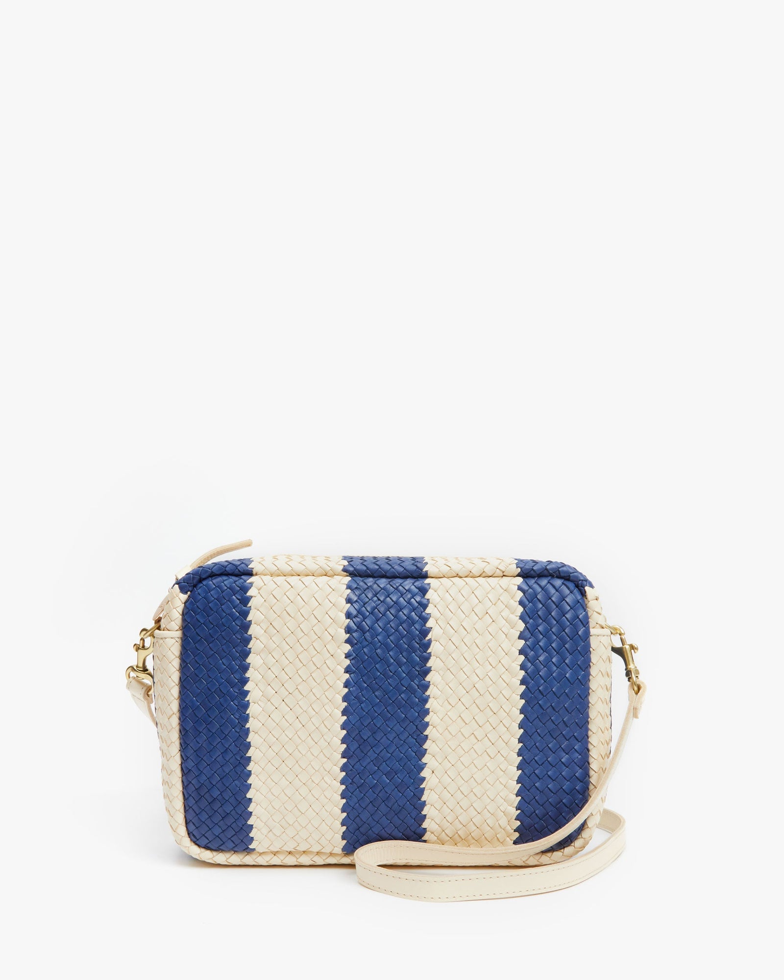 Front View of the Indigo & Cream Woven Racing Stripes Marisol