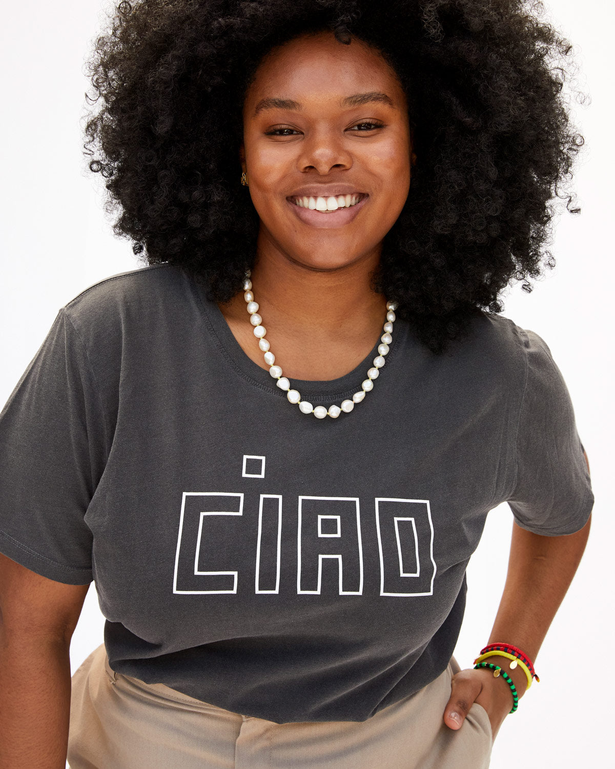 Candace Wearing the Faded Black with Ciao Original Tee with a Pearl Necklace