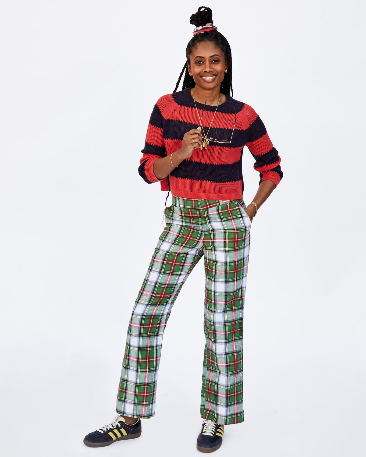 Mecca in Sneakers, Plaid Pants and the Navy & Poppy Striped Open Weave Raglan Sweater