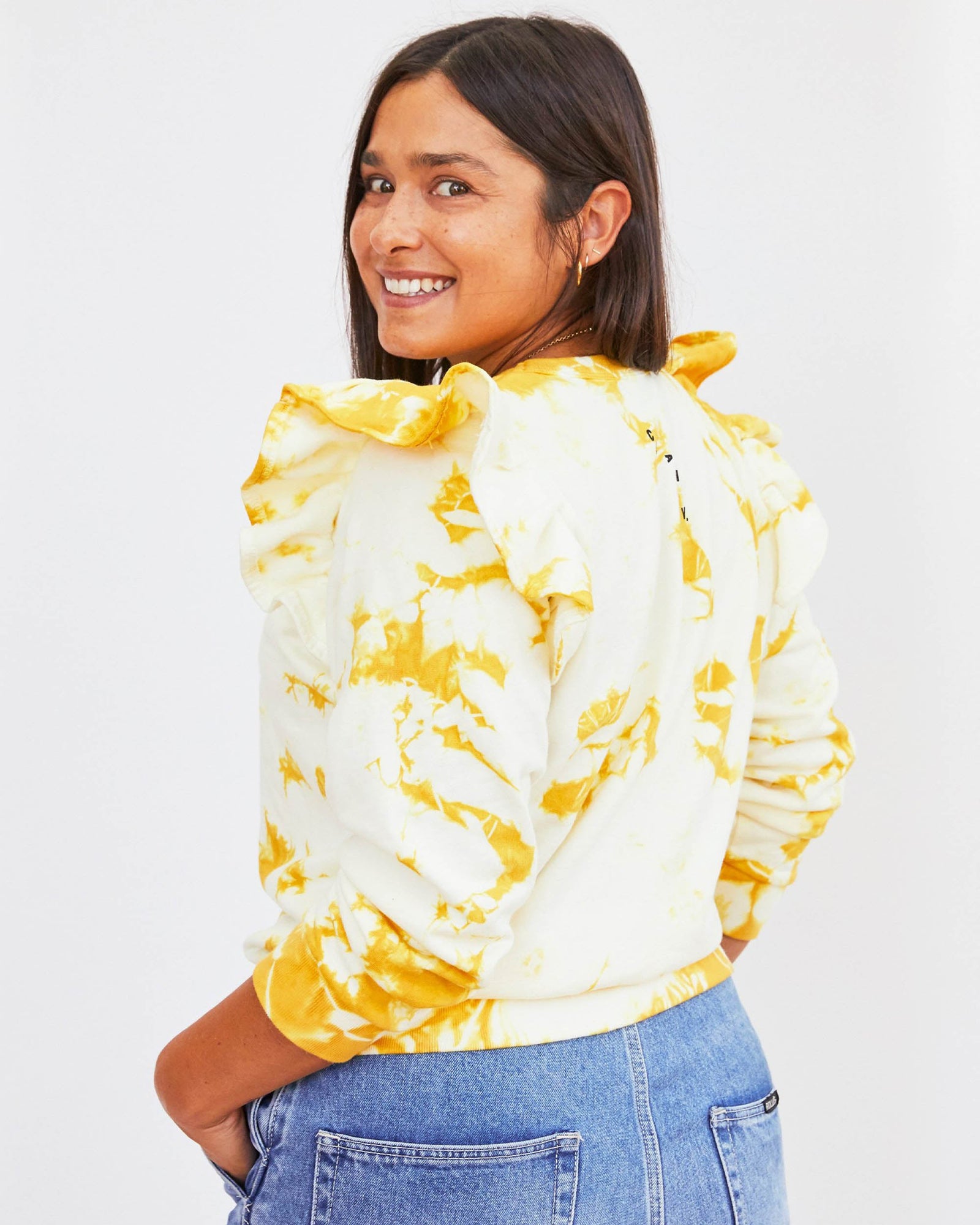 Marigold Cloud Tie Dye Ruffle Sweatshirt with matching Sweatpants on Natalia 