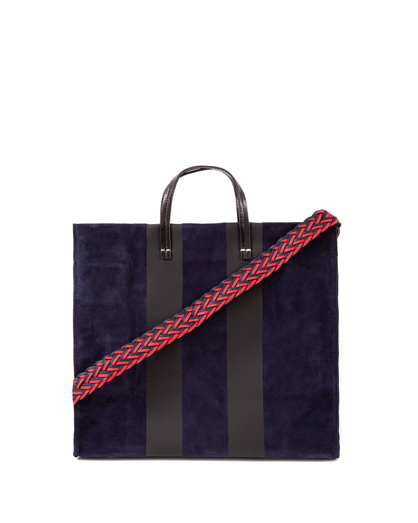 Red & Navy Braided Shoulder Strap  on Navy Suede Simple Tote