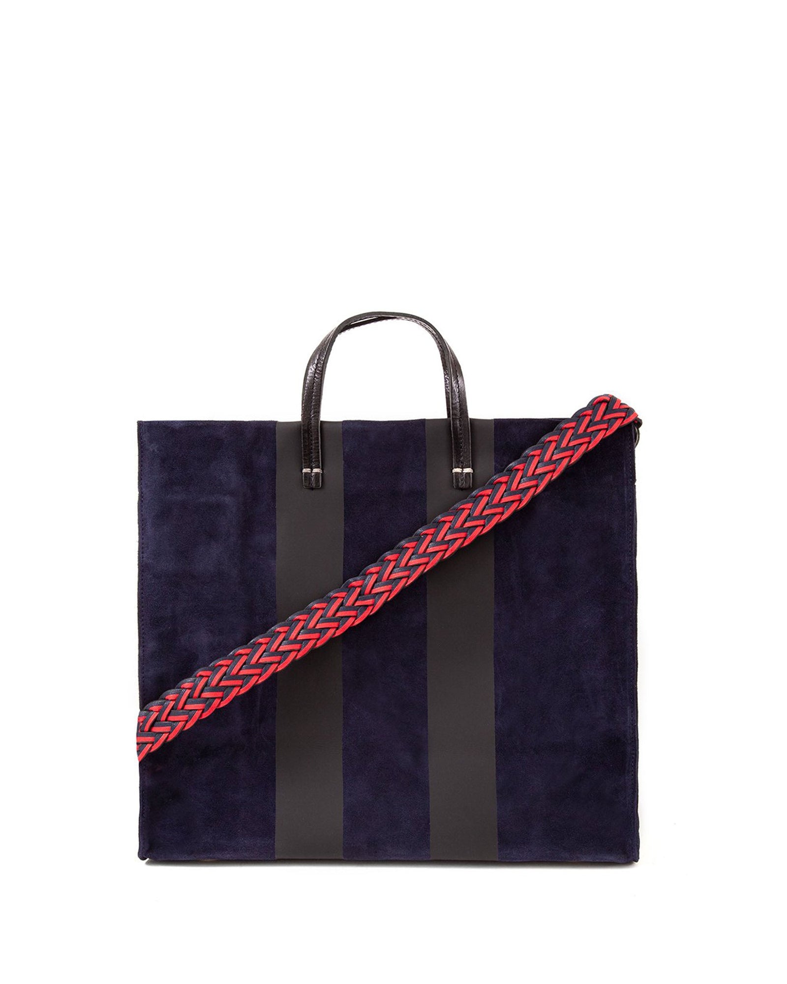 Simple Tote in Navy Suede with Racing Stripes with Red & Navy Braided Shoulder Strap