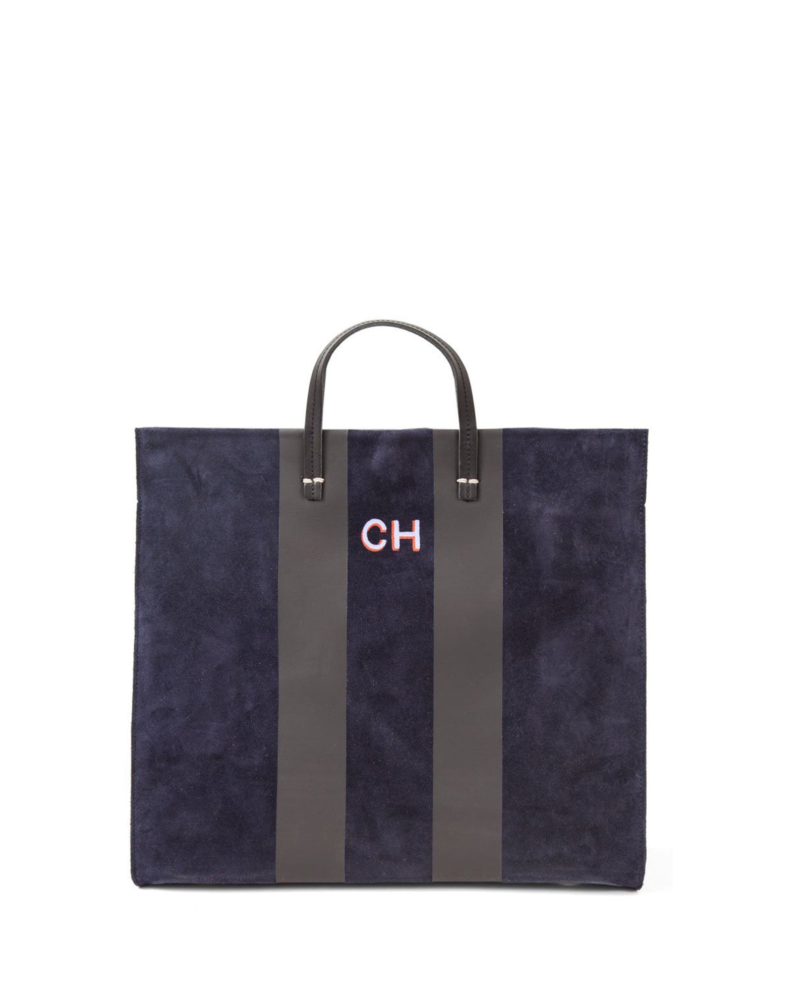 Simple Tote in Navy Suede with Racing Stripes with "CH" Hand-Painted Monogram