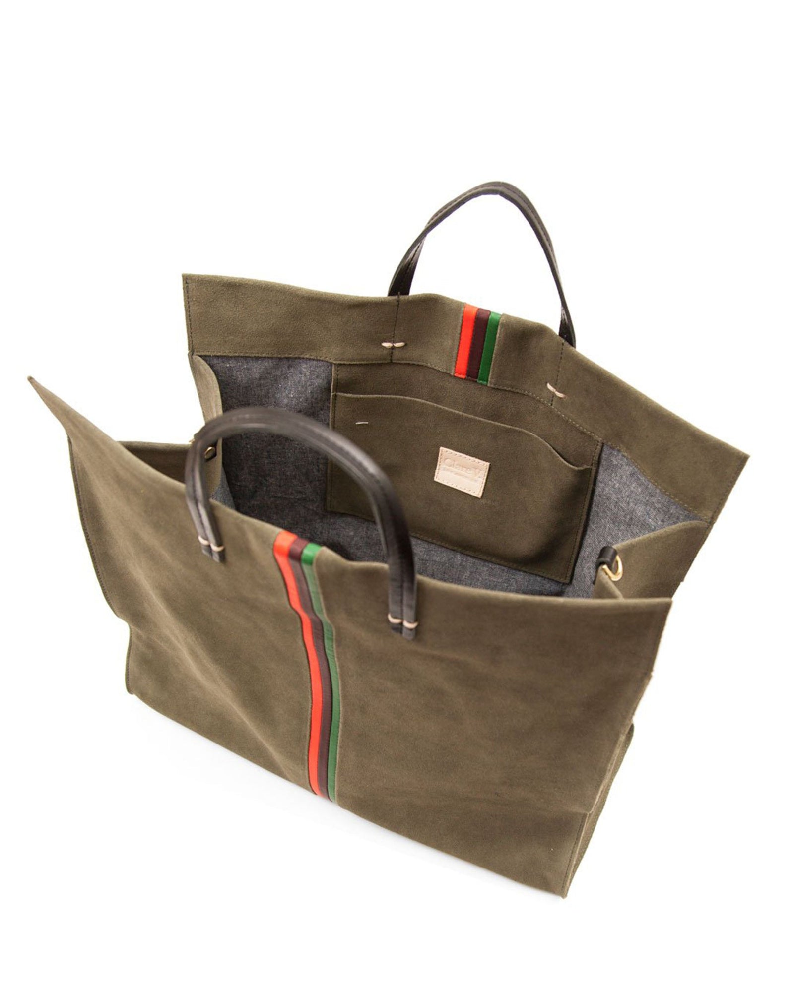 Army Suede with Lipsitck, Plum, and Fern Mini Stripes Simple Tote - Interior