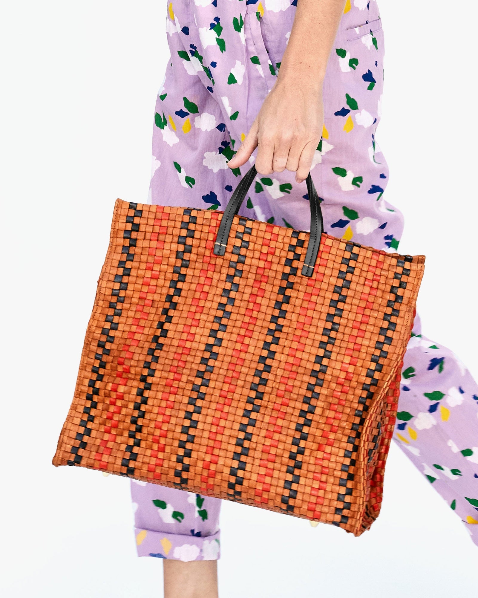 Danica in the Lavender St Martin Pants Holding the Natural with Navy & Red Pinstripe Woven Checker Simple Tote 