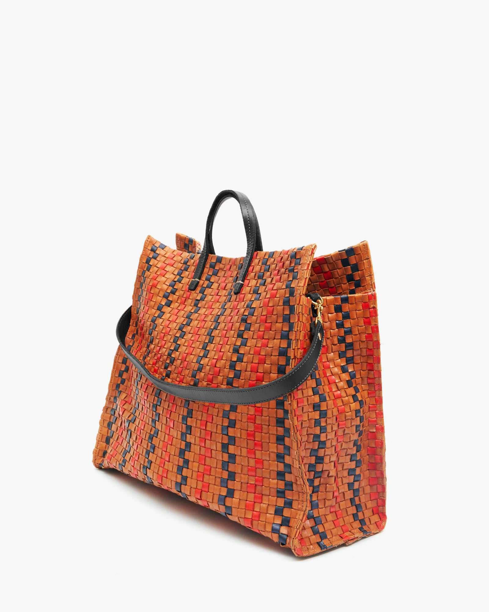 Back Flat of the Natural with Navy & Red Pinstripe Woven Checker Simple Tote