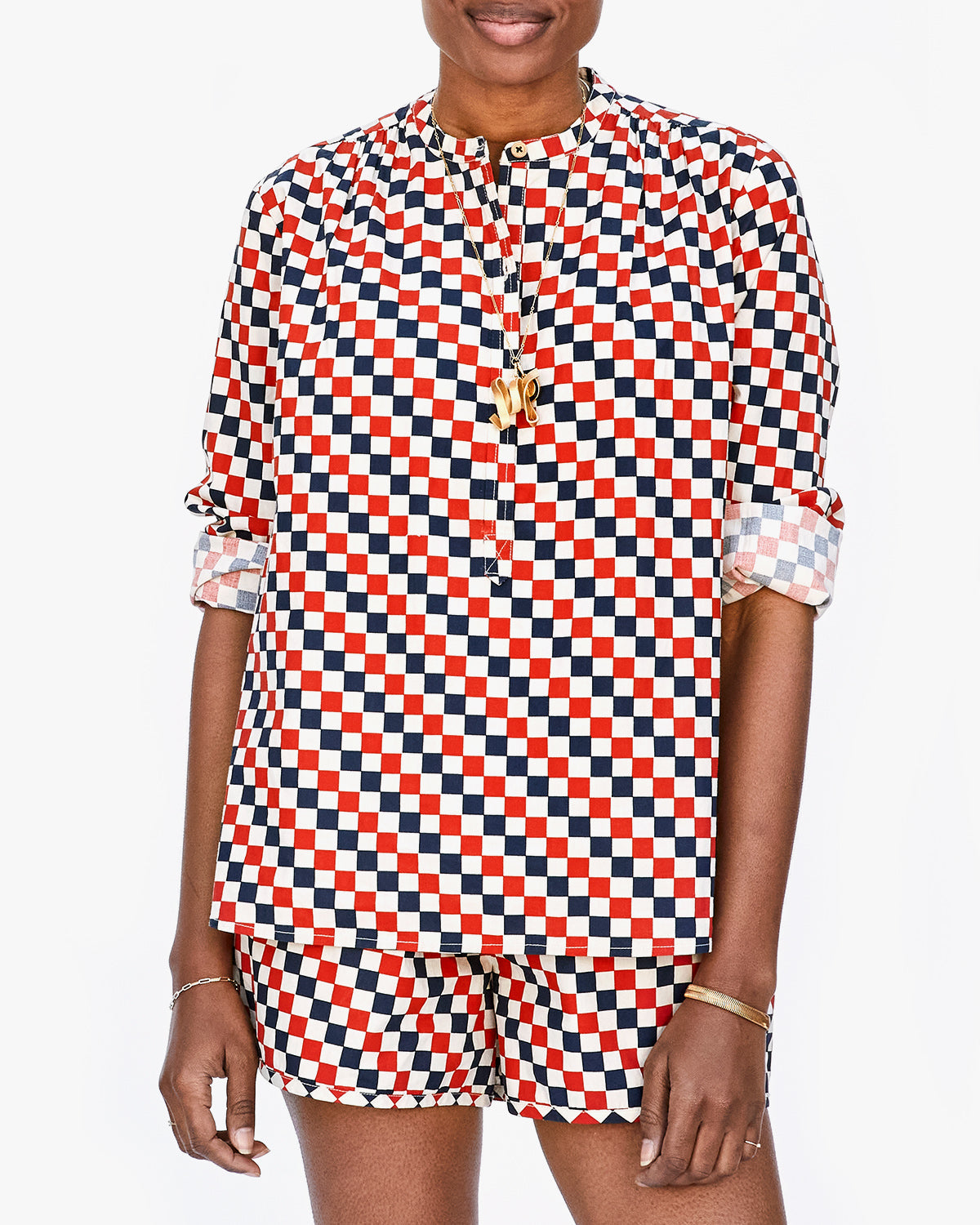 Mecca with the Navy & Red Checker St. Martin Top Untucked from the  Navy & Poppy Checker St. Martin Shorts