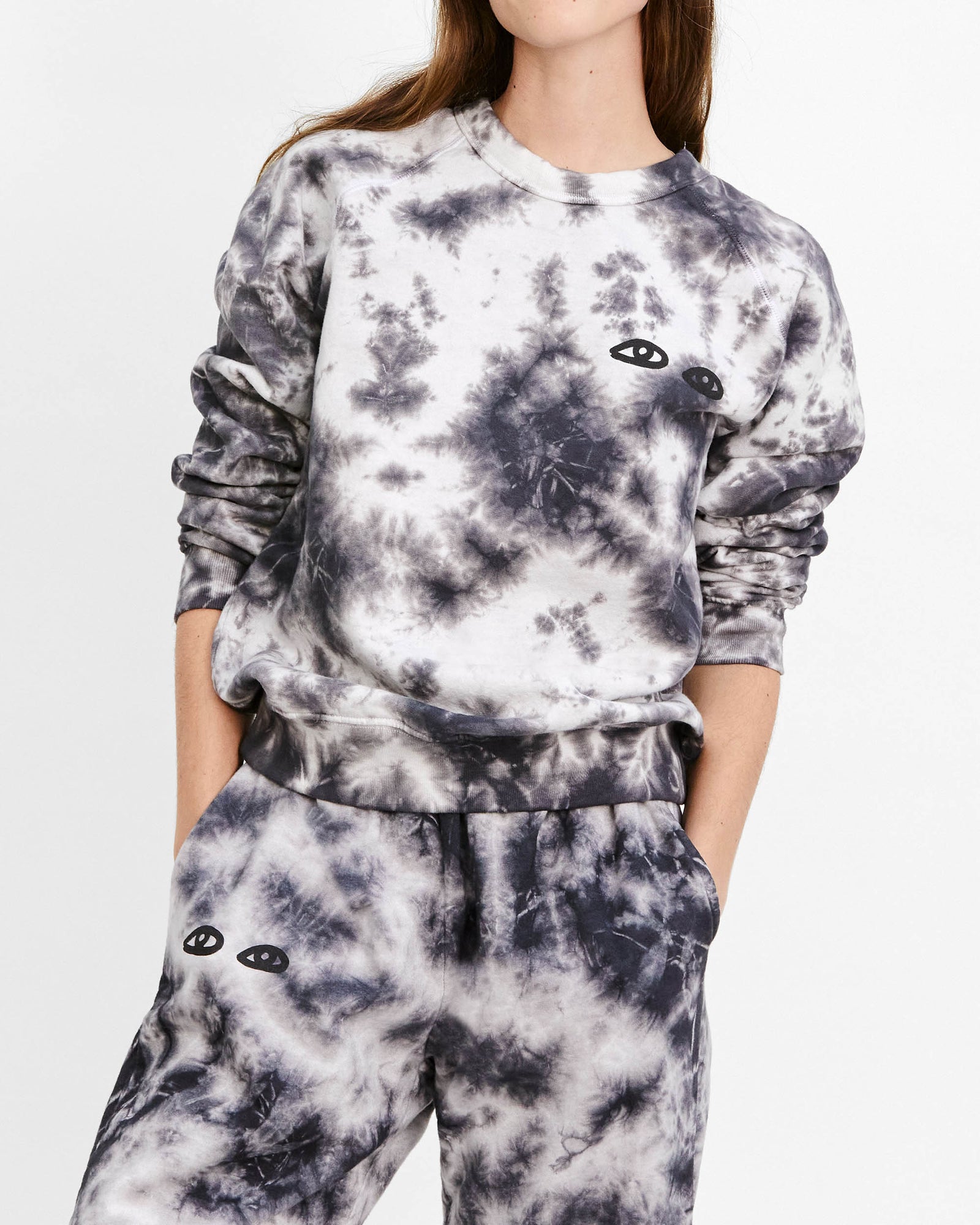 Black & White Cloud Tie Dye with Black Eye Sweatpants on Frannie