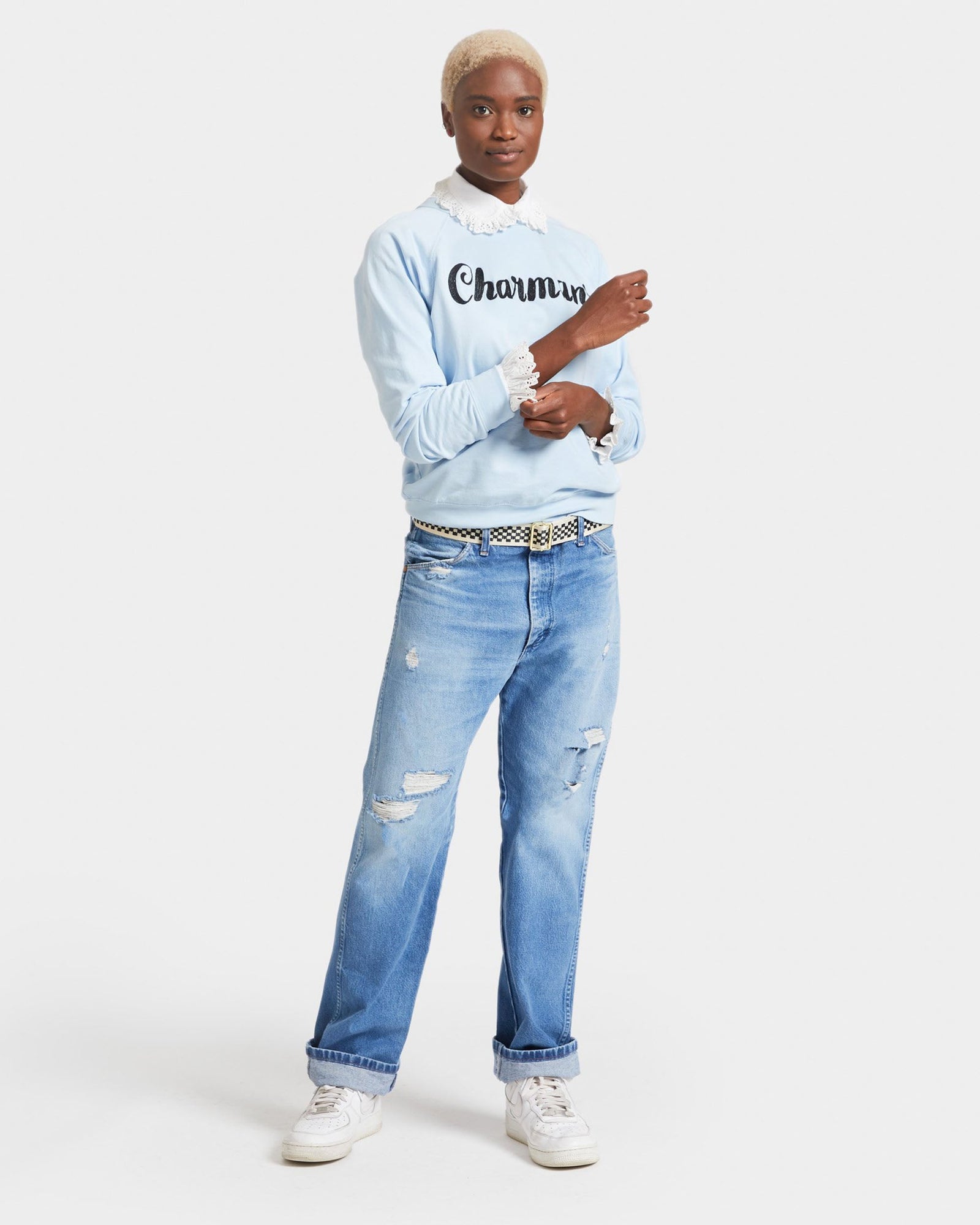 Light Blue with Black Embroidered Charmant Sweatshirt on Kimberlee