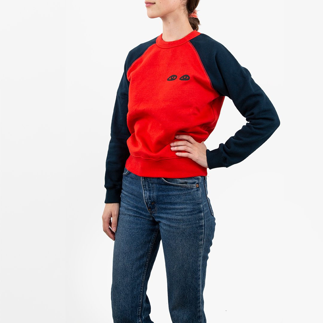Navy and Red with Black Eyes Sweatshirt On Model